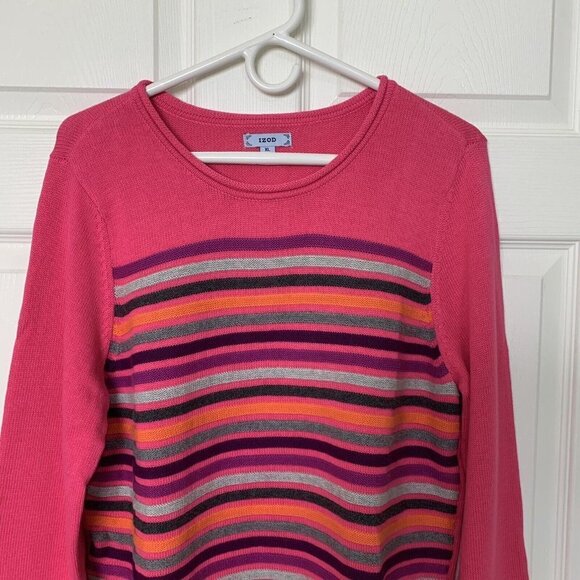 IZOD Woman's Sweater Size XL Fuchsia Pink Striped Knit Long Sleeve New - Picture 2 of 14